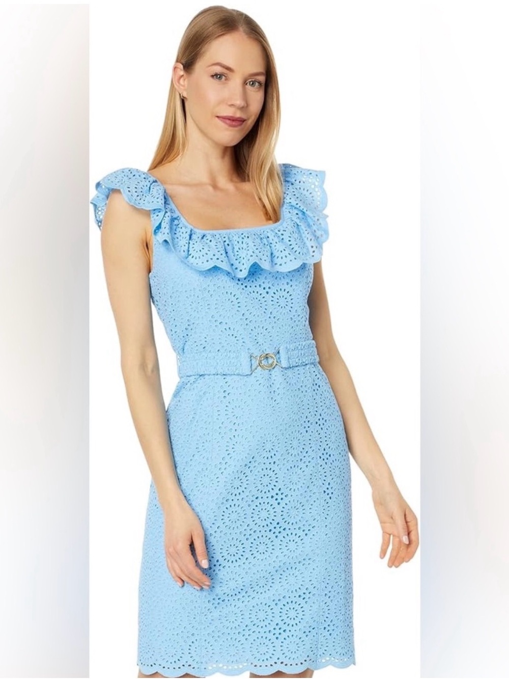 Lilly Pulitzer Frenchie Blue Ryann Eyelet Ruffle Belted Mini Dress